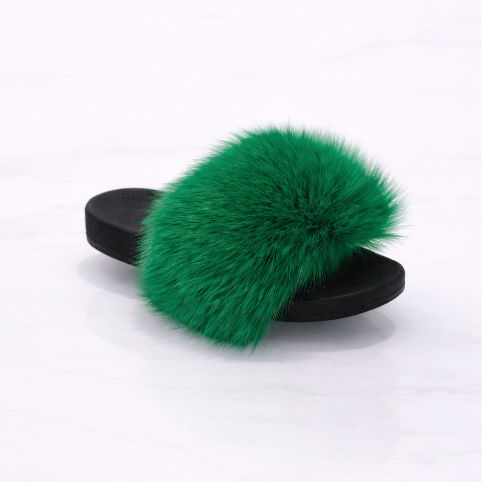 Sandales en fourrure vert émeraude – Sandales Luxe femme fait main